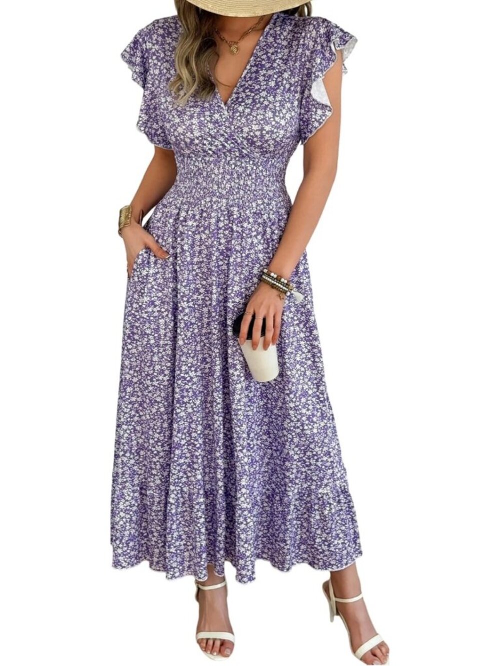Purple Floral Maxi Dress Large Smocked Flutter Sleeve Pockets NWT